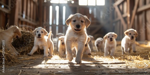 Adorable golden puppies romp in a rustic barn bathed in sunlight.  Hay strewn floor, wooden beams cast shadows. Pure joy!