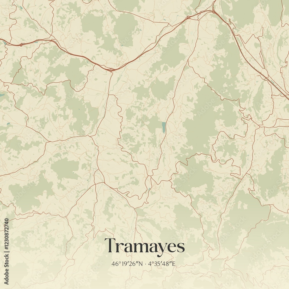 Fototapeta premium Retro map of Tramayes, Bourgogne-Franche-Comt�, France. Vintage street map.