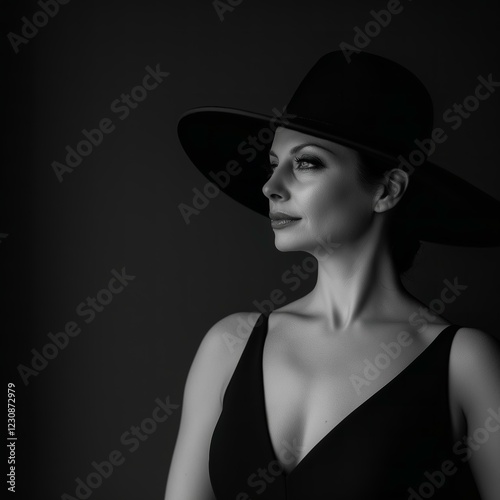 Monochrome Portrait of a Woman in a Wide-Brimmed Hat