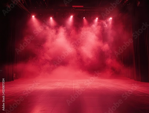 dramatic theater stage shrouded in crimson smoke tendrils, creating mysterious depth with strategic spotlighting and atmospheric haze photo