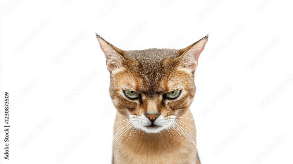 Obraz premium Close-up of an adult tabby cat with a serious expression, looking directly at the camera against a white background. The cat's fur is a mix of brown and tan.