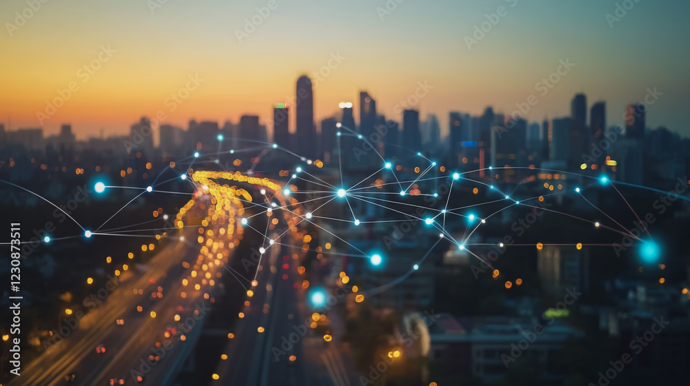 Fototapeta premium Abstract business man stands on Smart digital Innovation city with connection network reciprocity over the twilight cityscape. of future wireless digital city and social media networking systems