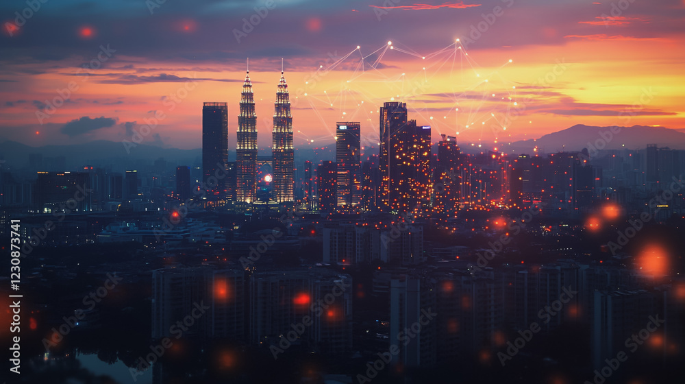 Fototapeta premium Abstract business man stands on Smart digital Innovation city with connection network reciprocity over the twilight cityscape. of future wireless digital city and social media networking systems