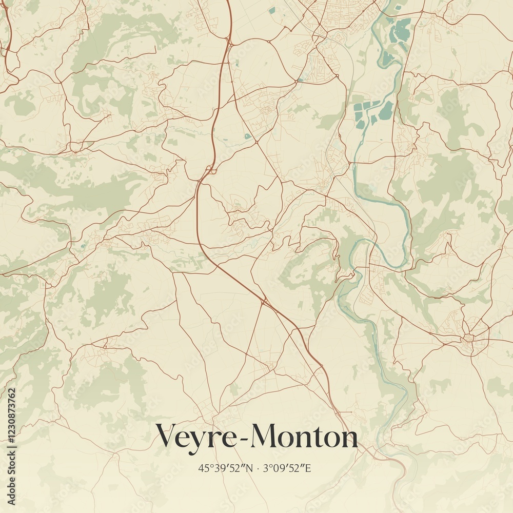 Obraz premium Retro map of Veyre-Monton, Auvergne-Rh�ne-Alpes, France. Vintage street map.