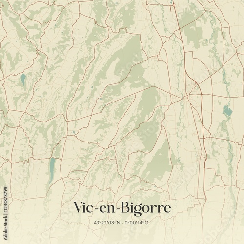 Retro map of Vic-en-Bigorre, Occitanie, France. Vintage street map. photo