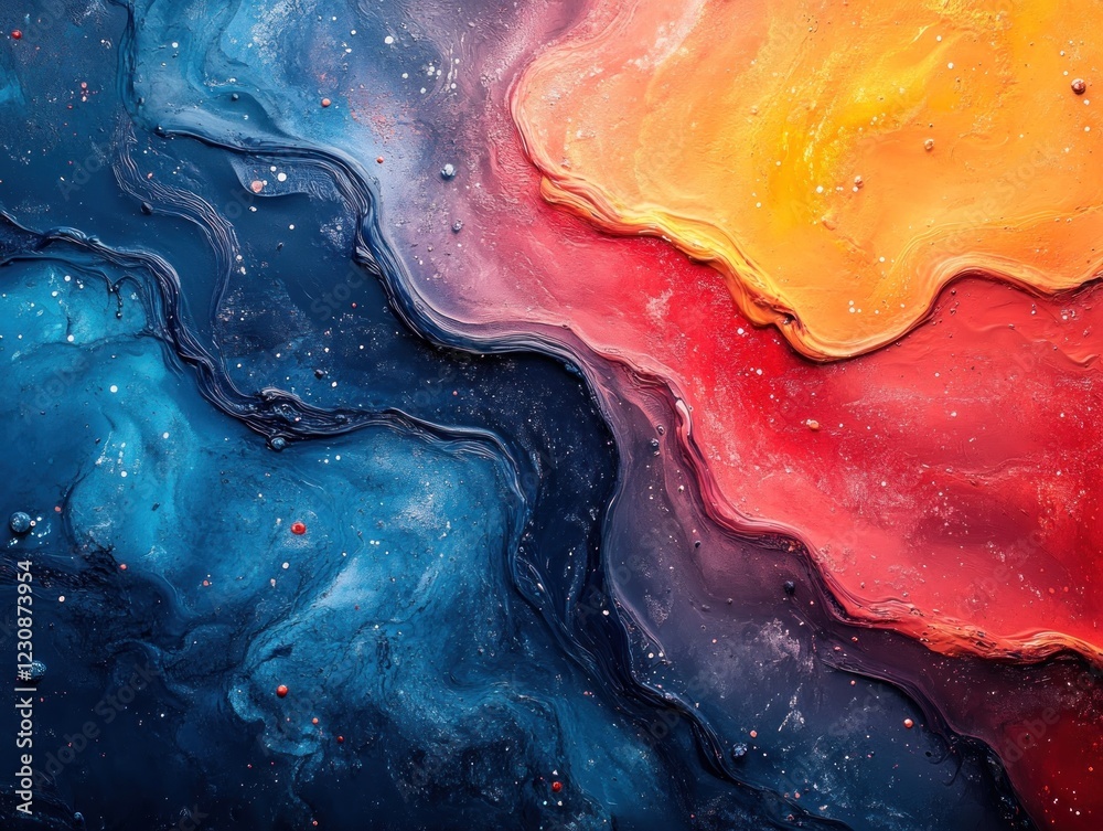 Fototapeta premium Abstract fluid art with vibrant colors of blue, red, orange, and white, creating a dynamic and swirling effect