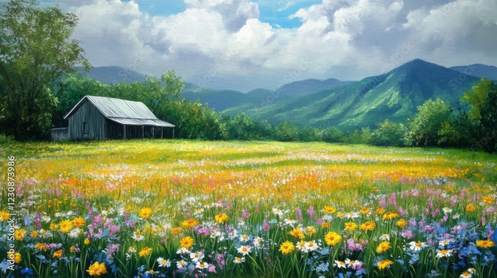 Vibrant Wildflower Meadow with Rustic Barn and Mountain View Vibrant Wildflower Meadow with Rustic Barn and Mountain View