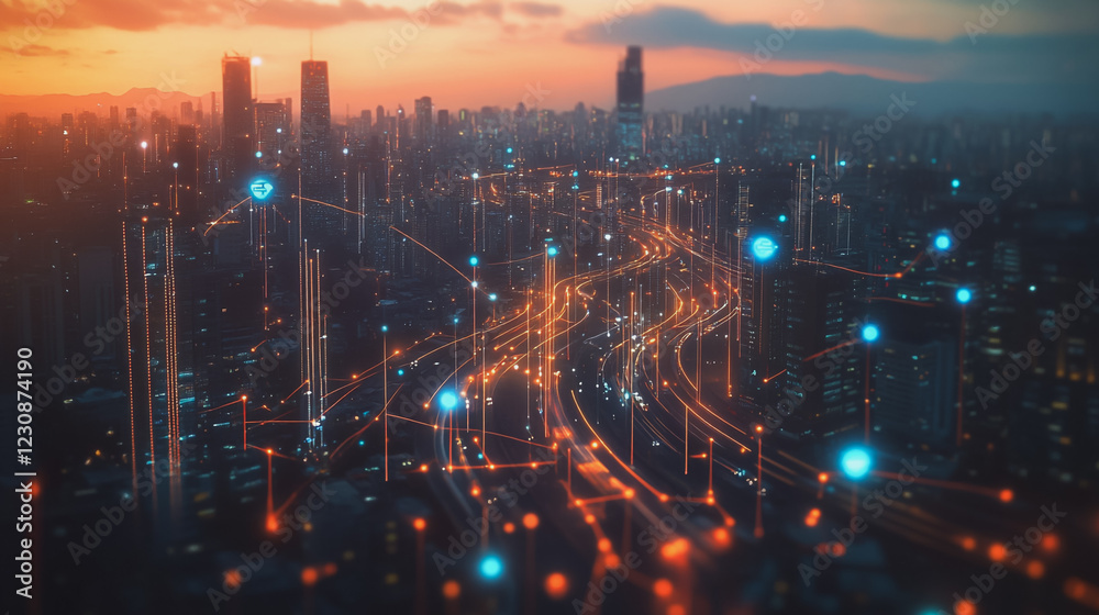 Fototapeta premium Abstract business man stands on Smart digital Innovation city with connection network reciprocity over the twilight cityscape. of future wireless digital city and social media networking systems
