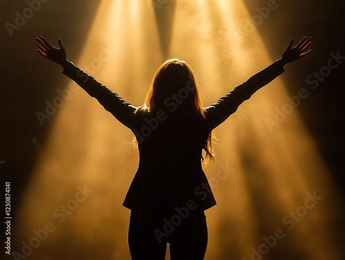 dynamic female keynote speaker captured in dramatic spotlight, arms raised in powerful gesture, audience silhouettes visible in background