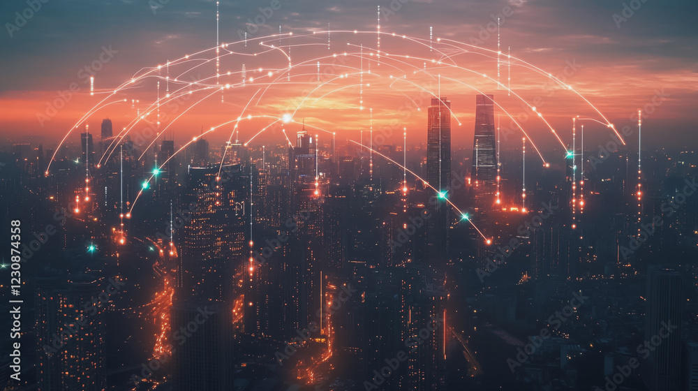 Fototapeta premium Abstract business man stands on Smart digital Innovation city with connection network reciprocity over the twilight cityscape. of future wireless digital city and social media networking systems