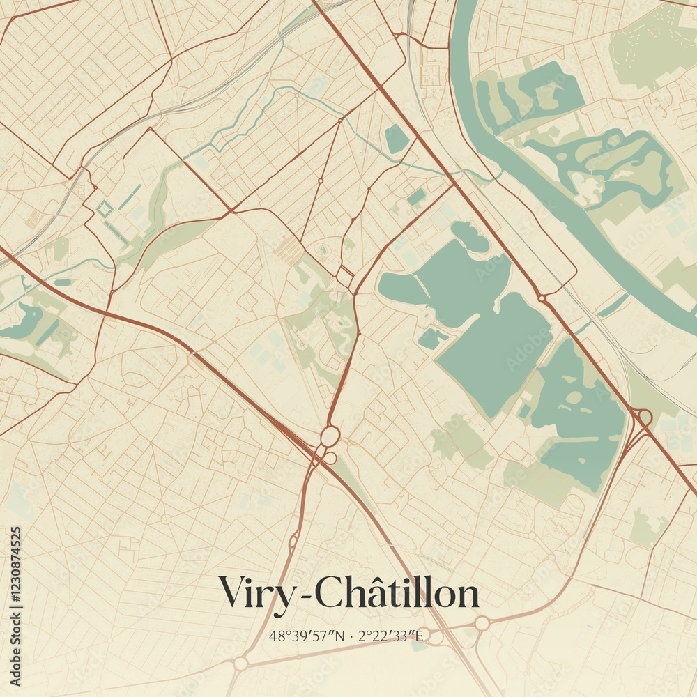 Obraz premium Retro map of Viry-Ch�tillon, �le-de-France, France. Vintage street map.