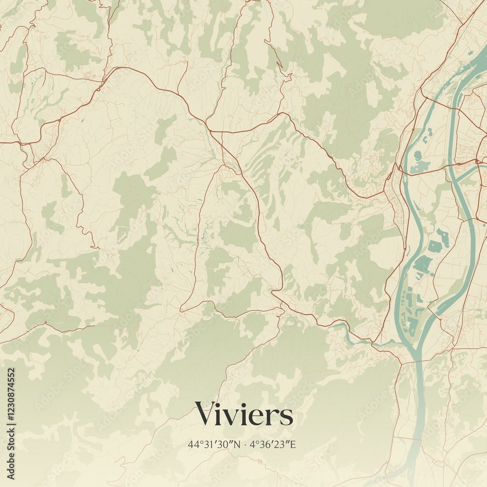 Obraz premium Retro map of Viviers, Auvergne-Rh�ne-Alpes, France. Vintage street map.
