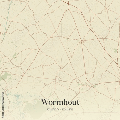 Retro map of Wormhout, Hauts-de-France, France. Vintage street map. photo