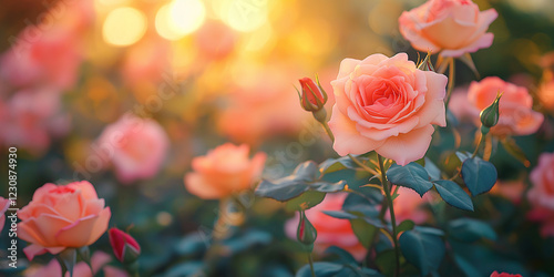 Blooming rose garden at sunset nature photography outdoor serenity warm glow close-up details for all flower enthusiasts photo