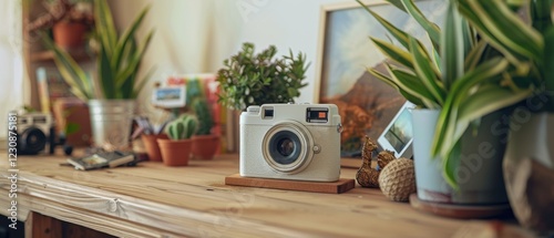 Cozy room.  Polaroid camera on shelf among travel mementos plants.  Adventure memories captured.  Tech & nature blend. photo