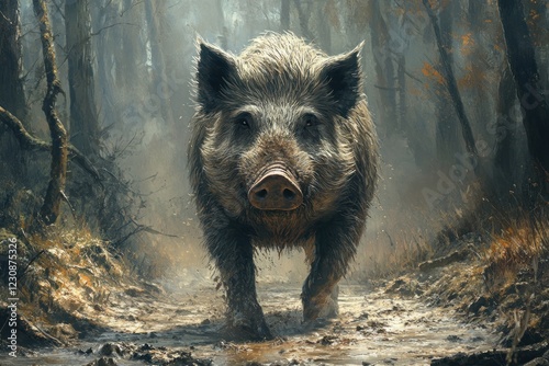 Wild boar walking through misty forest landscape photo