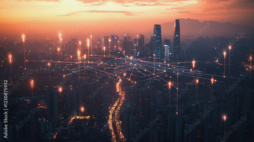 Fototapeta premium Abstract business man stands on Smart digital Innovation city with connection network reciprocity over the twilight cityscape. of future wireless digital city and social media networking systems