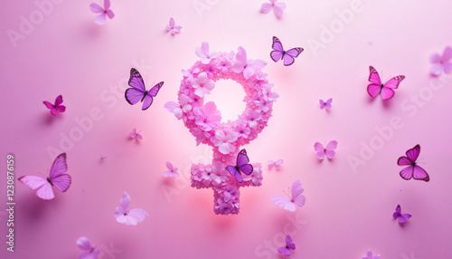 Elegant female symbol surrounded by butterflies on pastel background, empowerment, Female Symbol, International Women’s Day