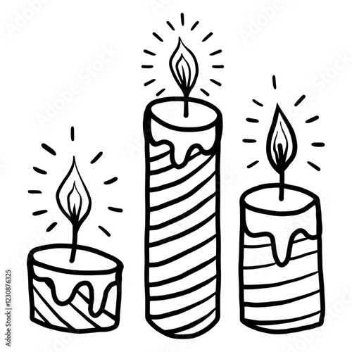 Hand drawn striped candle. Burning candle light doodle