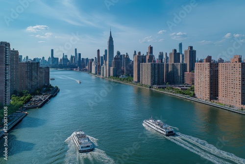 Aerial view of high-rise buildings along the riverbanks, the cityâ€™s skyline rising high with boats moving through the water and modern architecture dominating the view