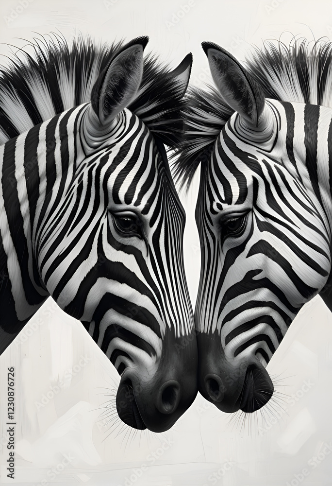 beautiful fine art double portrait of zebra against white background. Digital artwork. Ai generated