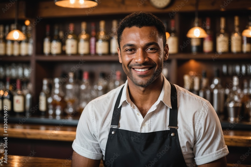 close portrait of a 40s smiling Fijian male bartender against blurred bar background close portrait of a 40s smiling Fijian male bartender against blurred bar background