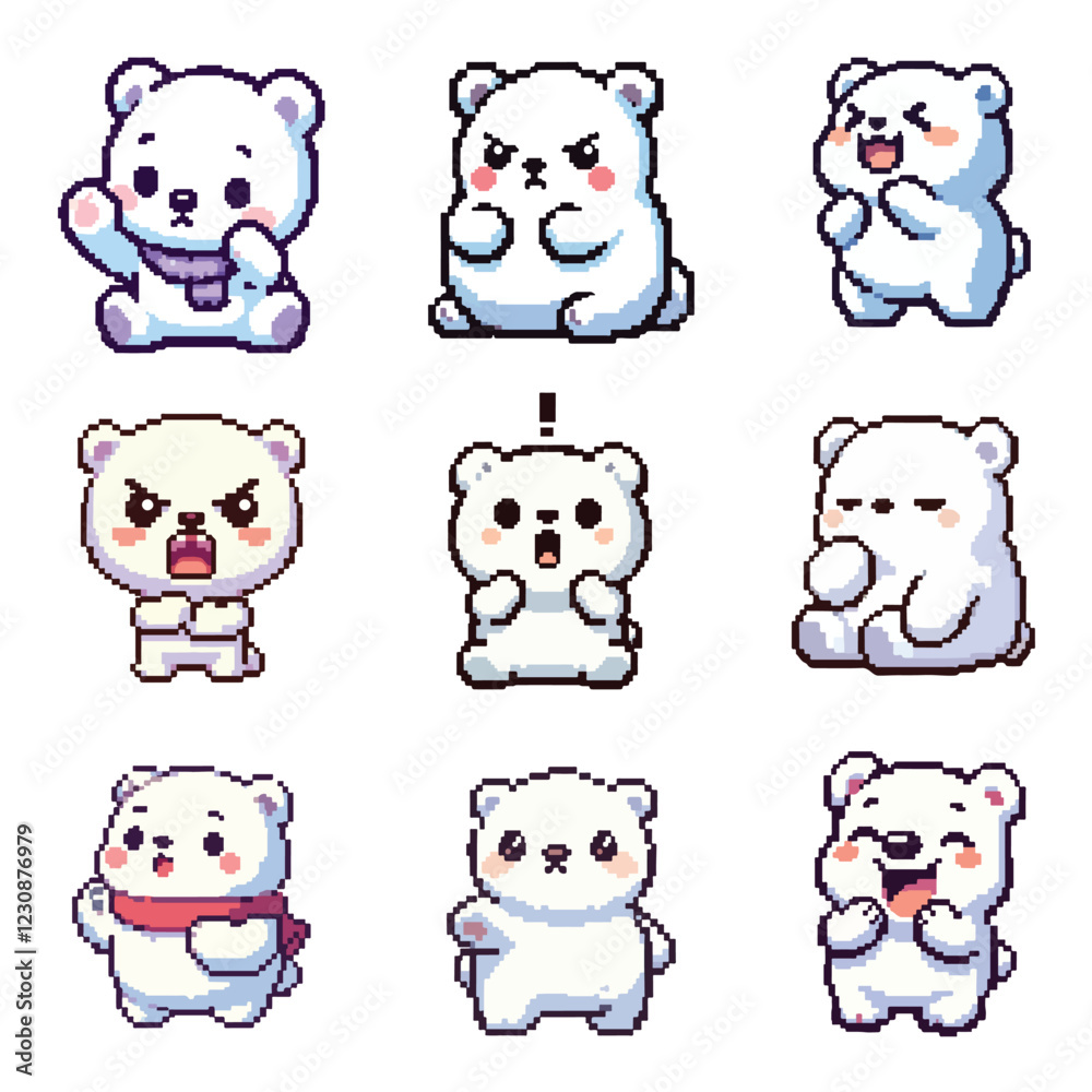 set collection cute chibi polar bear 8bit pixel art vector set collection cute chibi polar bear 8bit pixel art vector