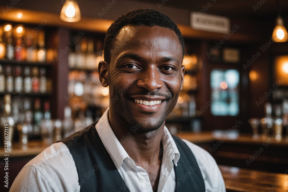 Fototapeta premium close portrait of a 40s smiling Gambian male bartender against blurred bar background
