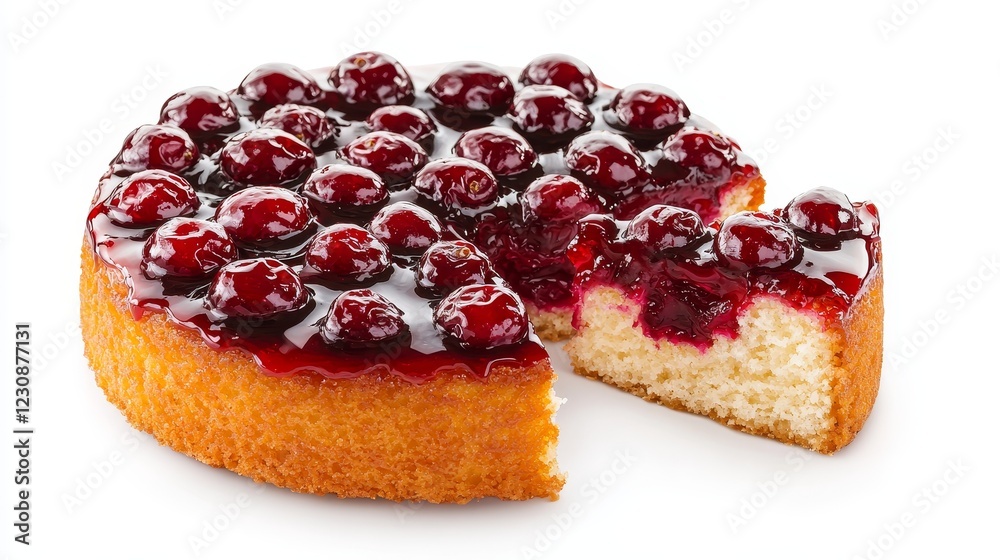 Homemade cranberry upside-down cake, rustic style, caramelized cranberry topping, fluffy sponge layer, warm autumnal hues, isolated on white background Homemade cranberry upside-down cake, rustic style, caramelized cranberry topping, fluffy sponge layer, warm autumnal hues, isolated on white background