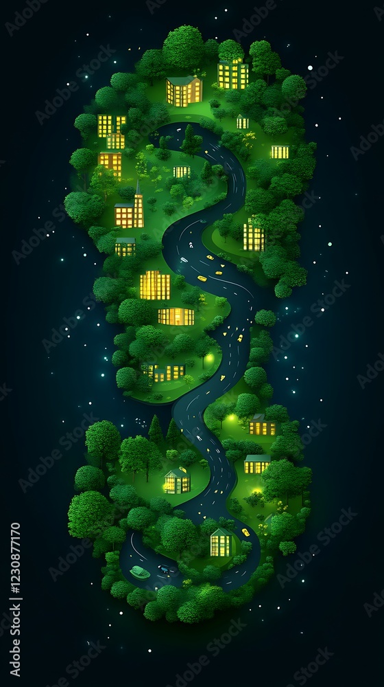 Obraz premium Night Cityscape Green Footprint Eco Design Illustration