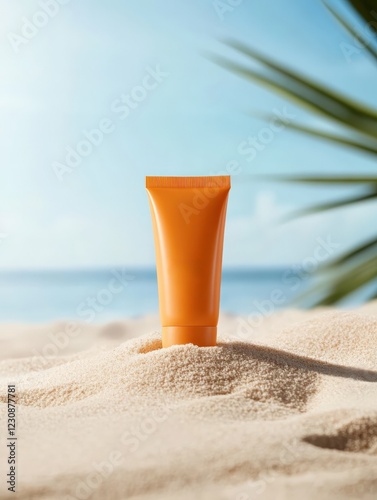 Sunscreen standing on the sand of a tropical beach under a palm tree