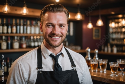 close portrait of a 40s smiling Icelander male bartender against blurred bar background