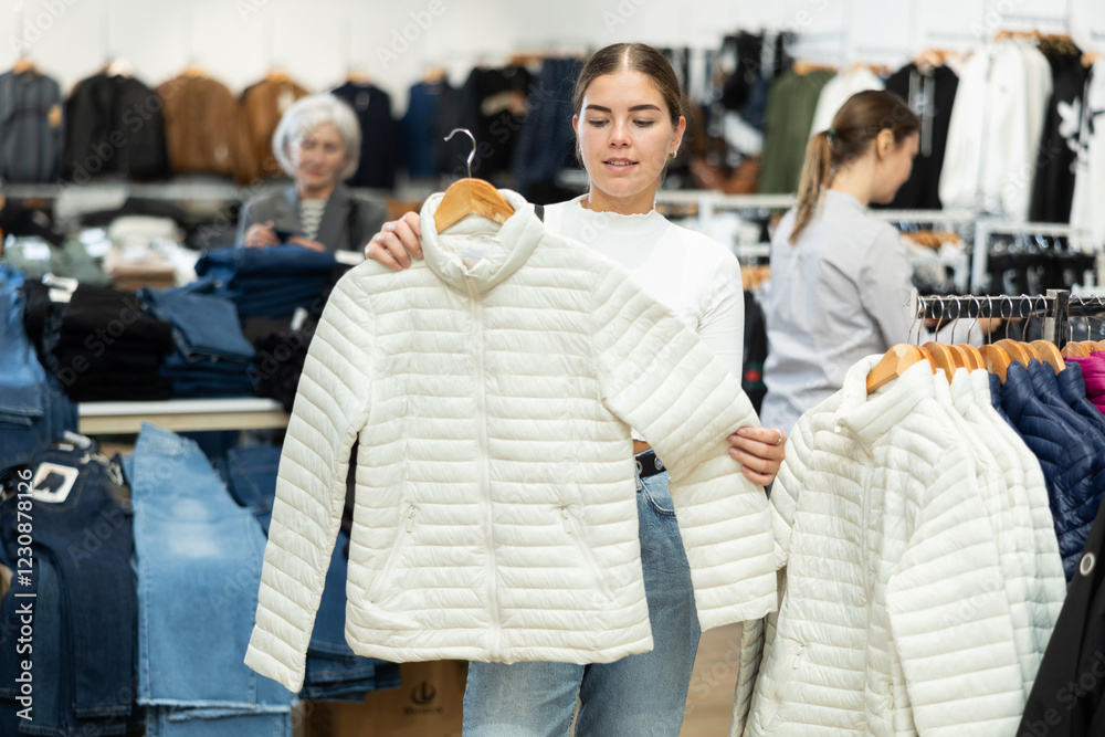 Pleased young girl choosing white jacket in clothing store with large assortment Pleased young girl choosing white jacket in clothing store with large assortment