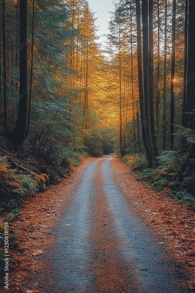Obraz premium Autumnal Forest Path: A Serene Drive Through Golden Trees