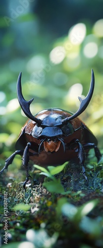 Horned beetle closeup, forest background, nature imagery photo