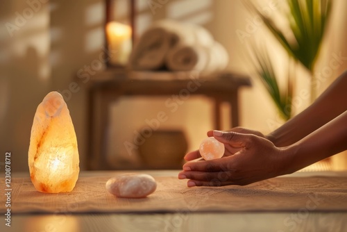 Himalayan salt stone massage in a dimly lit spa room, with a glowing salt lamp nearby