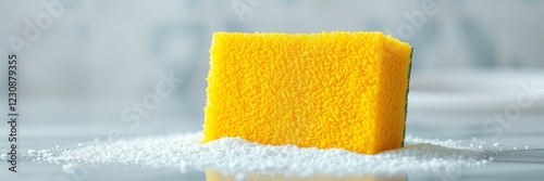 Yellow sponge with a bright mood surrounded by sugar on a clean background photo