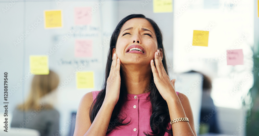 Sad, business woman and crying in office for missed deadline, creative project mistake or bad news. Design agency, employee or overwhelmed with startup pressure, stress or anxiety for failure at desk Sad, business woman and crying in office for missed deadline, creative project mistake or bad news. Design agency, employee or overwhelmed with startup pressure, stress or anxiety for failure at desk