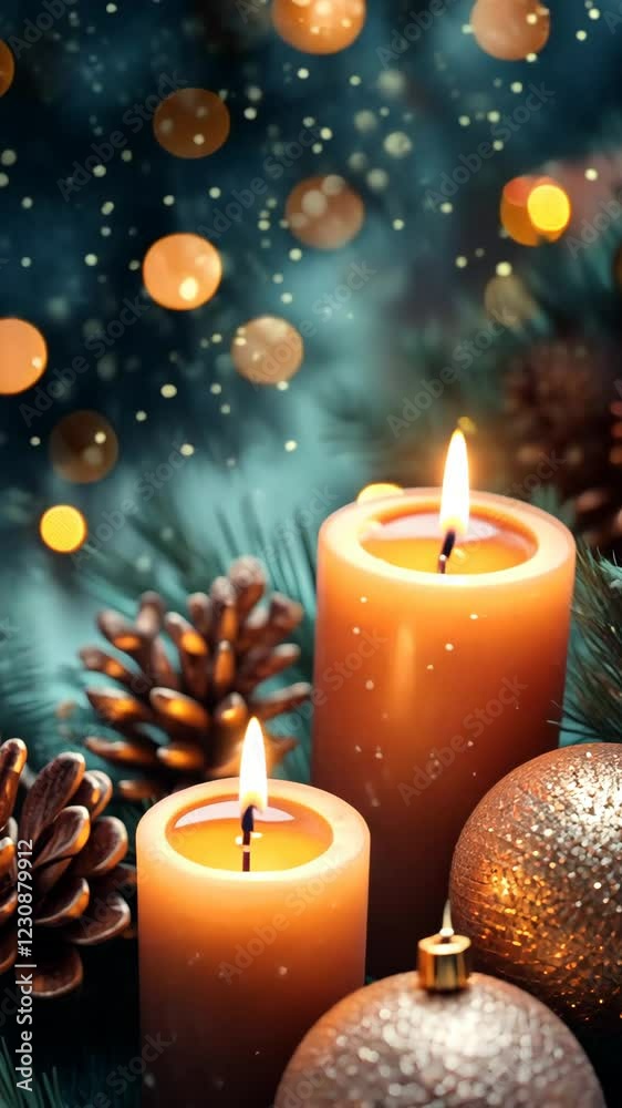 Sparkling candlelit christmas scene with flickering flames and pine cones amid bokeh lights Sparkling candlelit christmas scene with flickering flames and pine cones amid bokeh lights