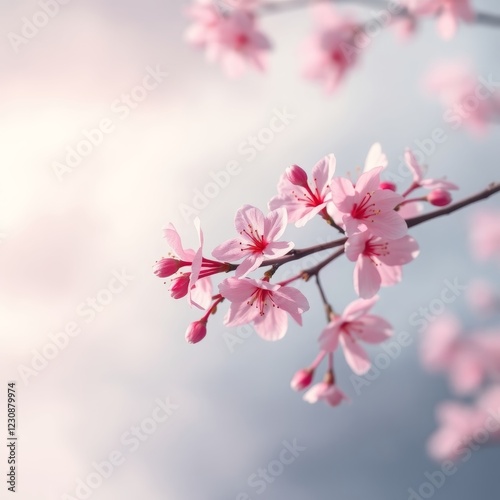 Pink cherry blossoms in a serene mood blooming against a soft background