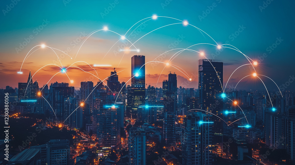 Fototapeta premium Abstract business man stands on Smart digital Innovation city with connection network reciprocity over the twilight cityscape. of future wireless digital city and social media networking systems