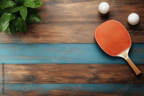 Ping pong racket and balls lying on wooden desk with plant, top view