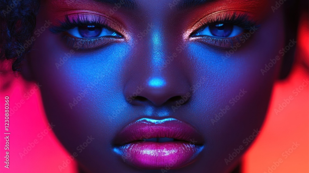 Close-up of woman's face with vibrant makeup and lighting Close-up of woman's face with vibrant makeup and lighting