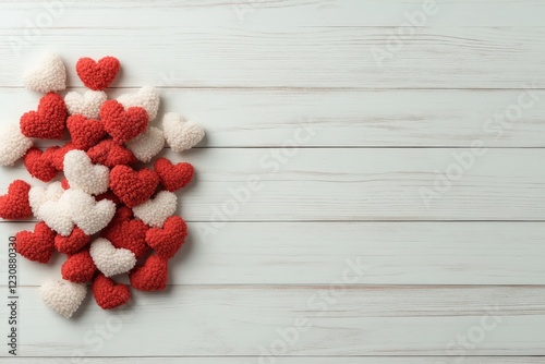 Red and white knitted hearts forming a corner frame on white wood background