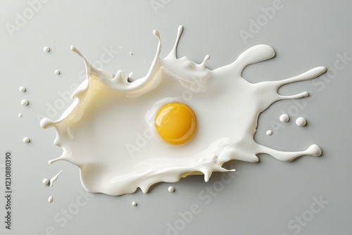 Egg yolk surrounded by splashing milk on gray background