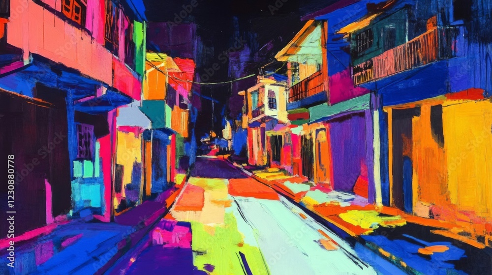 Fototapeta premium Vibrant Night City Street Scene Colorful Buildings Abstract Art