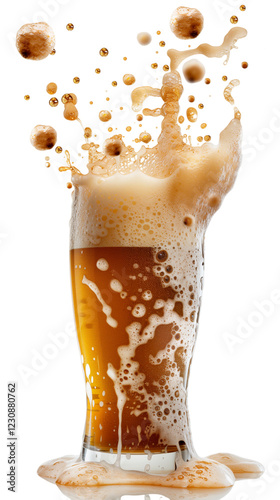 Frothy Beverage Overflows From a Beer Glass on a White Background