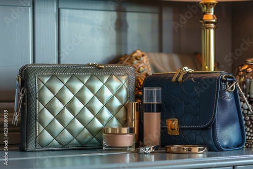 Glamorous lifestyle.  Fashionable quilted & navy bags.  Luxury cosmetics spill out showcasing a sophisticated aesthetic. #luxurylifestyle #fashionbags #cosmetics photo