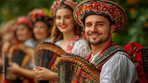 Musicians Performing Traditional Balkan Music in Colorful Folk Costumes at an Outdoor Festival in the Countryside