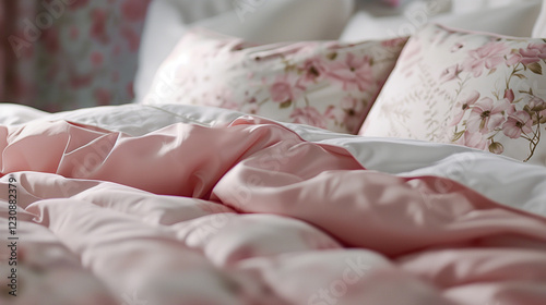 Bed linen. Bedroom and bed. Pillows, bedspread, blanket, begging, decor. Comfort and coziness. 